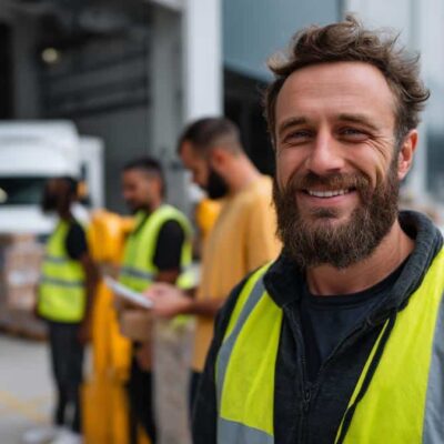 Équipe logistique suisse travaillant dans un entrepôt moderne avec des outils numériques