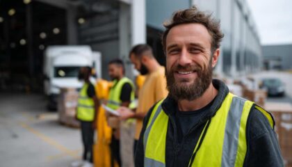 Équipe logistique suisse travaillant dans un entrepôt moderne avec des outils numériques