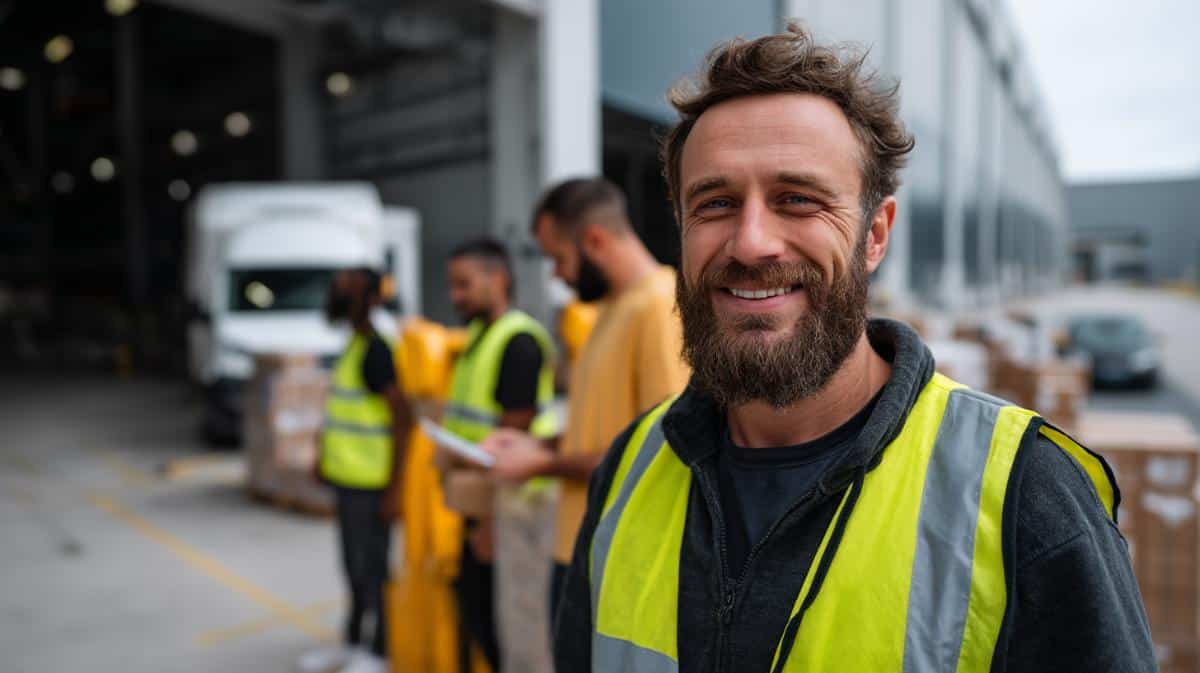 Équipe logistique suisse travaillant dans un entrepôt moderne avec des outils numériques